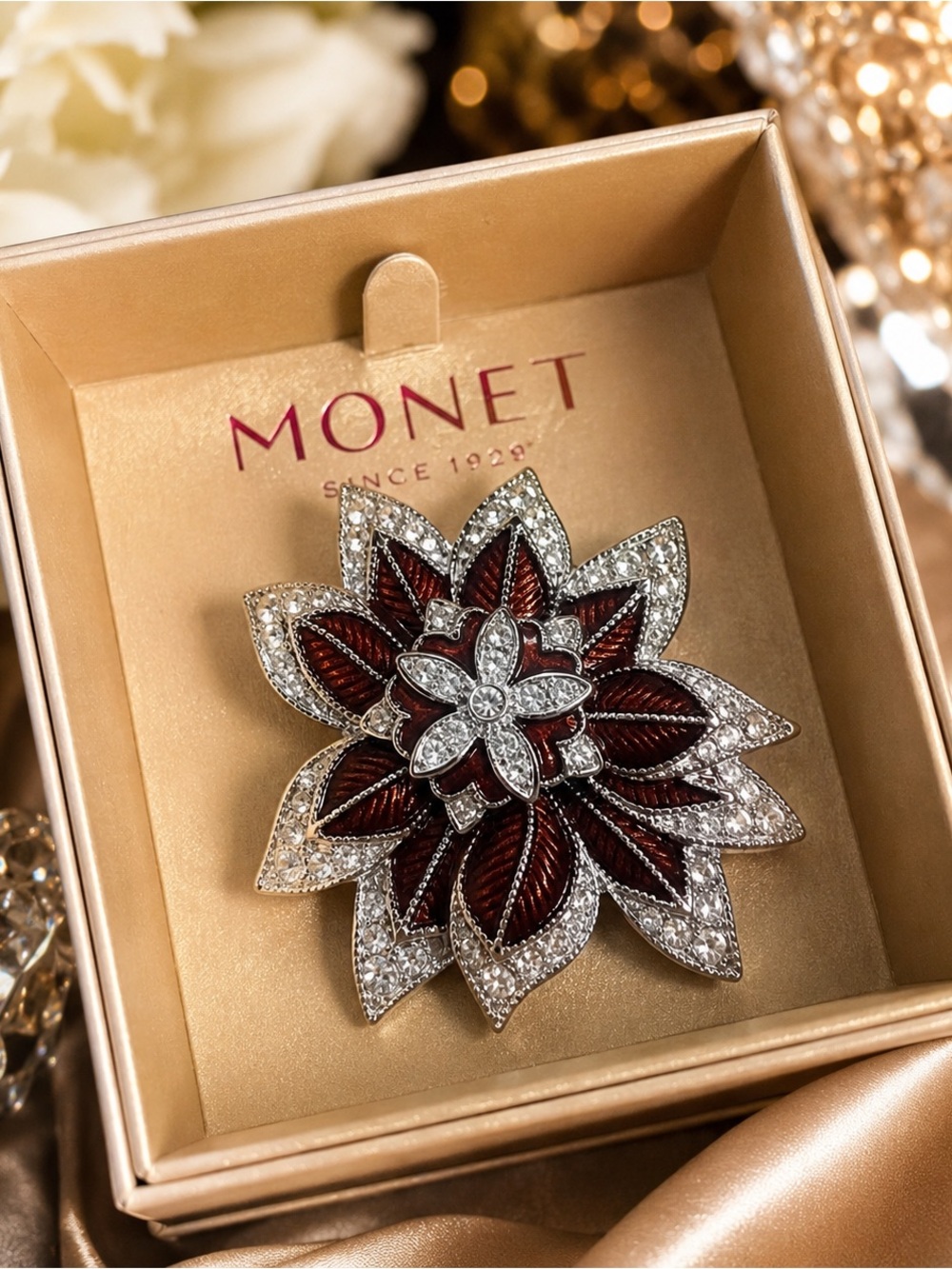 Monet Brown and Silver Floral Statement Pin